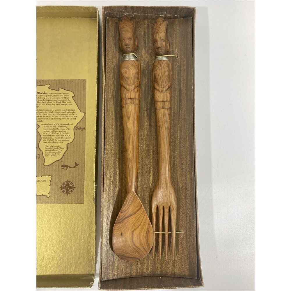 Vintage Salad Server Set African Kenya‎ Mvule Wood Fork Spoon New w/Box